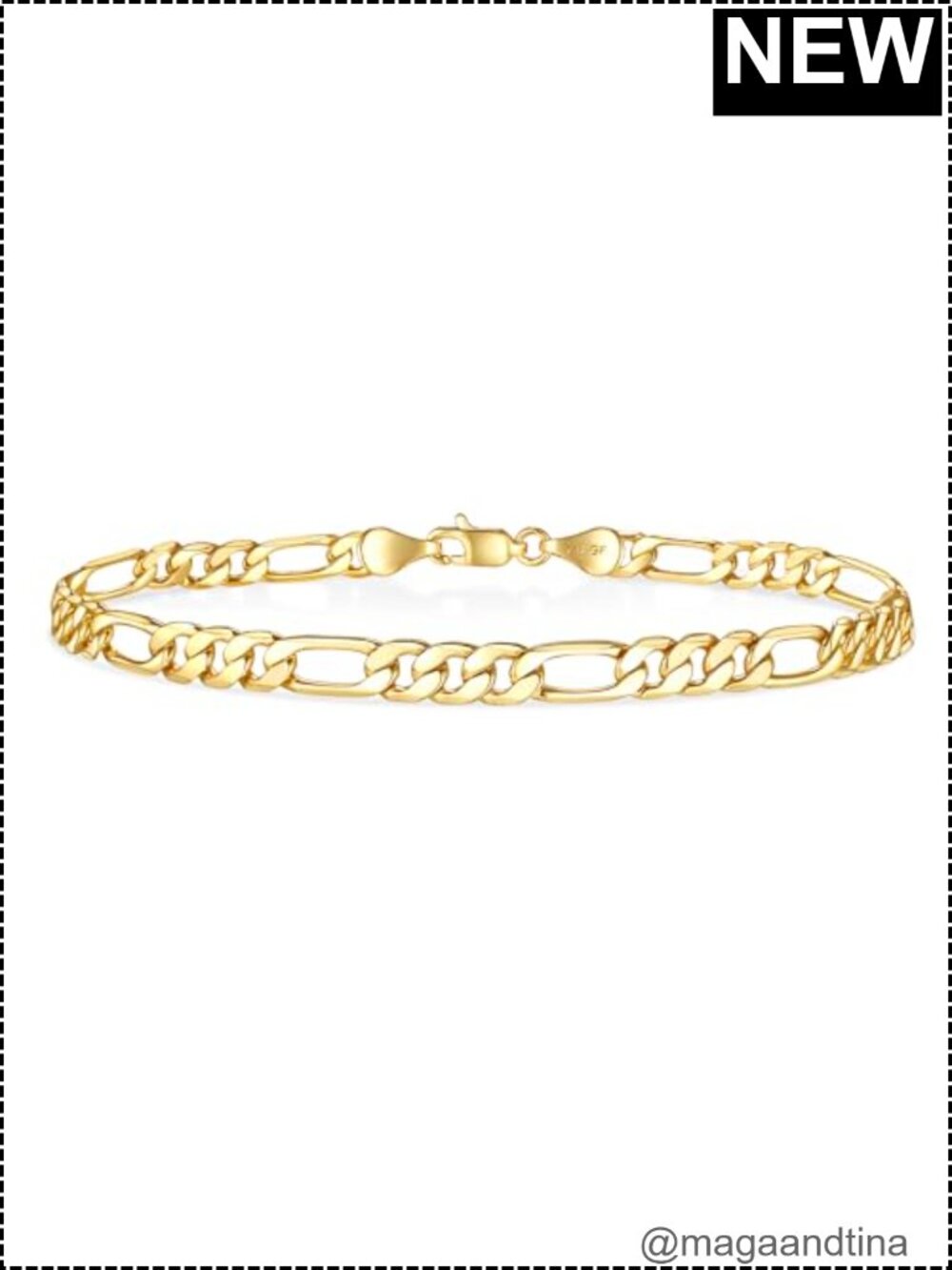5mm Figaro Link Bracelet, 14k Metal, Lobster Clasp, Water Resistant